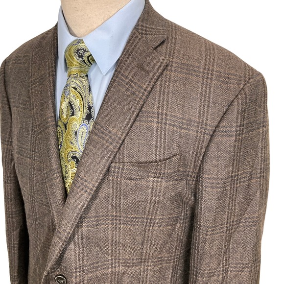 JOS A BANK 1905 Blazer Mens 42R Brown Plaid Tailored Elbow Patch Wool Jacket